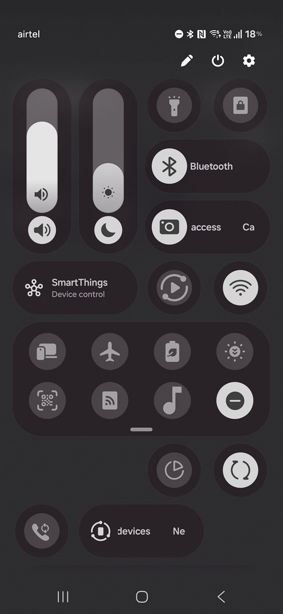 پنل تنظیمات سریع