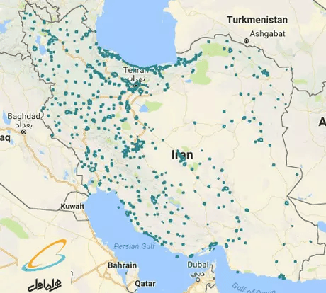 نقاط سبز پر رنگ: اطلاعات همراه اول - نقاط سبز کم رنگ: اطلاعات اپن سیگنال