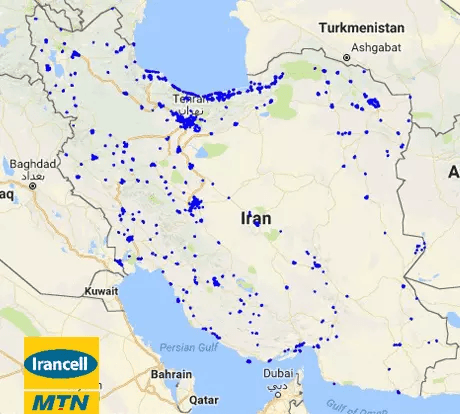 نقاط آبی: اطلاعات ایرانسل - نقاط سبز کم رنگ: اطلاعات اپن سیگنال