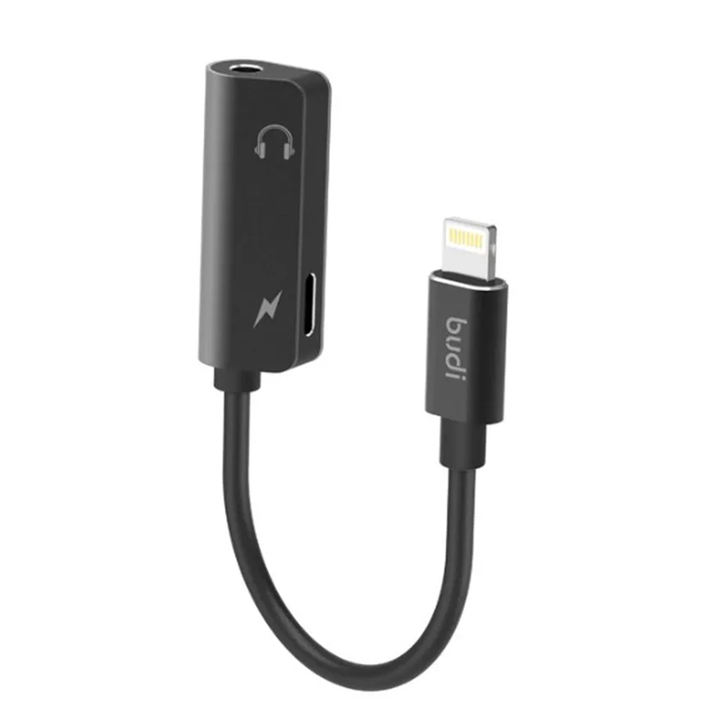 کابل تبدیل لایتنینگ به جک 3.5 میلی متری بودی مدل Budi DC137B طول 0.12 متر